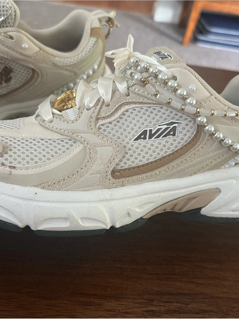 Custom designed Avia Women's Cream and Gold Sneakers